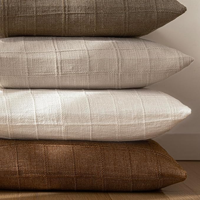 Foindtower Set of 2 Decorative Linen Check Throw Pillow Covers Neutral Farmhouse Vintage Cushion Covers Modern Boho Home Decor for Sofa Chair Couch Bedroom Living Room,22×22 Inch,Natural Linen