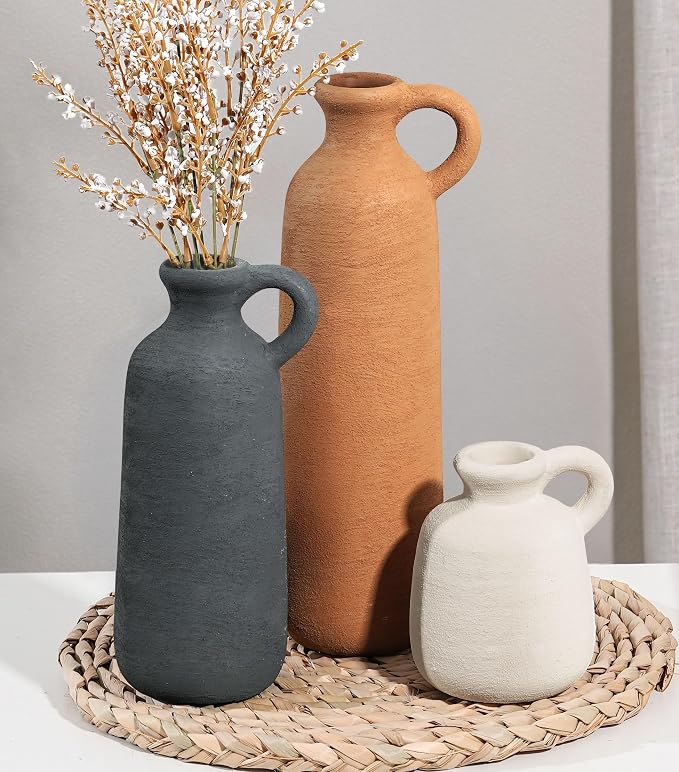Ceramic Vase Set, 3Pcs Flower Vases for Modern Boho Farmhouse Decor, Decorative Vases for Pampas Grass & Dried Flowers, Distressed Finish