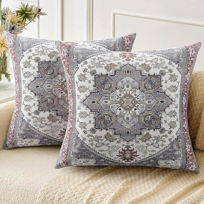 Boho Throw Pillow Covers 24x24 inch Set of 2,Soft Pillowcases Bohemia Carpet Printing Pattern Decorative Sofa Living Room Bed Square Pillow Case Cushion Cover-Reddish Blue