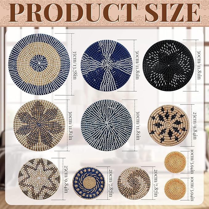 Tatuo 11 Pcs Boho Wall Basket Decor Bulrush Woven Wall Hanging Art Round Farmhouse Rustic Handmade Wicker for Summer Home, Bedroom, Living Room, Kitchen Decorations, Multi Sizes(Blue)