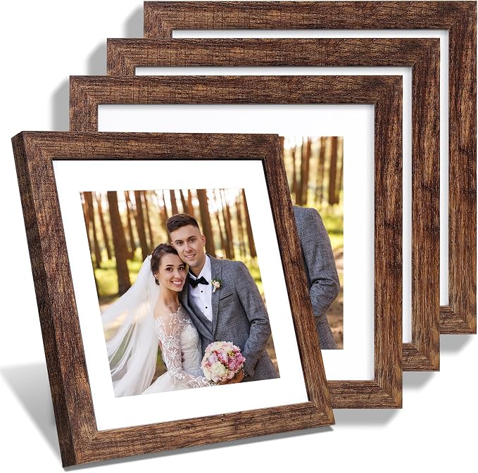 Hongkee 10x10 Picture Frame Set of 4, Made of Glass and Rustic Brown Wooden Frame - Display Picture 8x8 with Mat or 10 x 10 Without Mat, 10 by 10 Photo for Wall or Tabletop