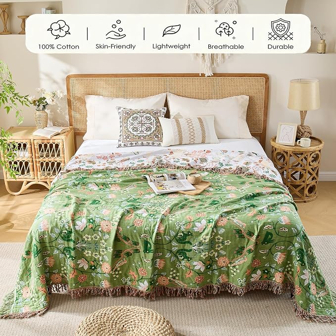 VANJOROY Boho Throw Blanket, 100% Organic Cotton Breathable Skin-Friendly Ultra Soft 50" x 60" Bed Quilt Green Throw - Floral Rustic Decor Luxury Reversible Blanket for Sofa Couch Chair and Gift,