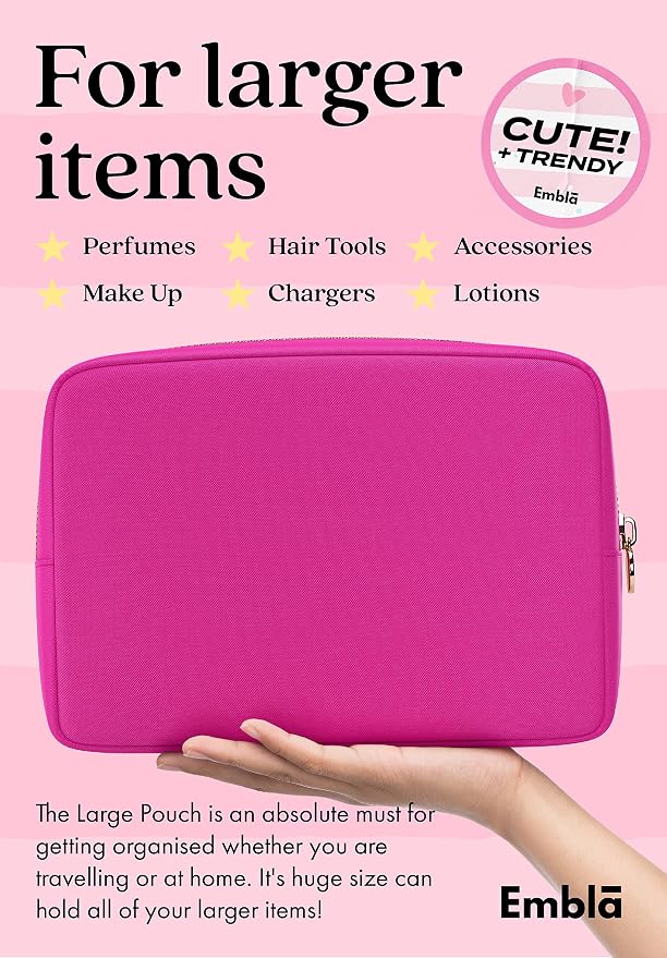 Embla Large Makeup Bag and Waterproof Nylon Travel Toiletry Bag, Large Capacity Cosmetic Zipper Pouch, Fuchsia Pink