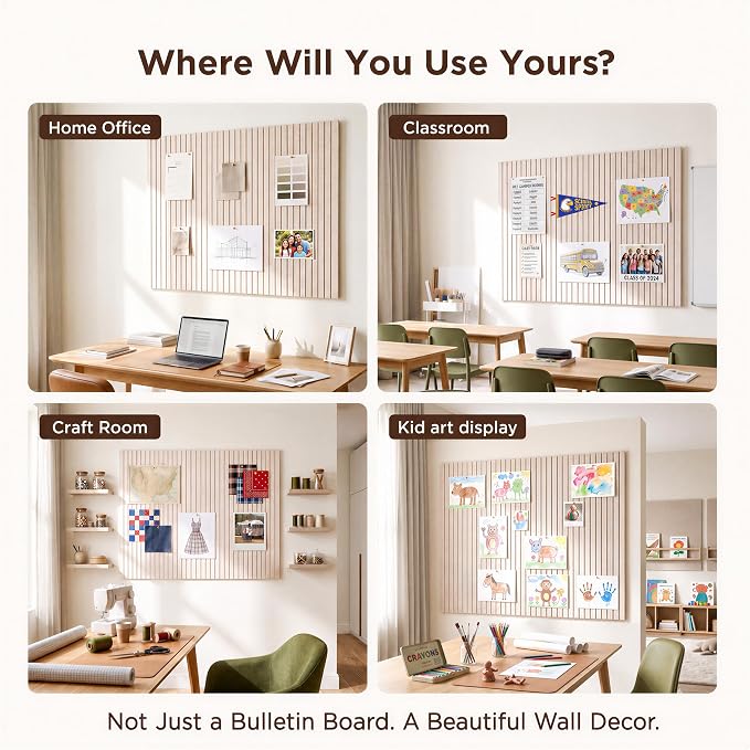 Large Felt Bulletin Board 48 x 36 Inch - 12-Pack Square Acoustic Wall Panels, Cork Board Alternative, NRC 0.95, Damage-Free Adhesive, Slatted Design for Home, Classroom (Moonstone)