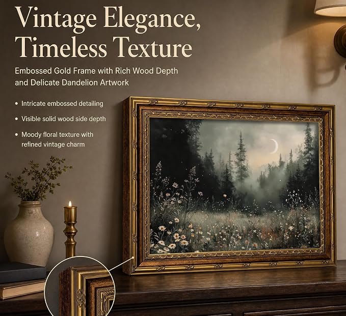 Vintage Gold Framed Moonlit Forest Wall Art Crescent Moon Forest Wildflower Gothic Canvas Print Dark Moody Moon Botanical Flowers Wall Decor Rustic Nature Night Landscape Poster Artwork for Offices