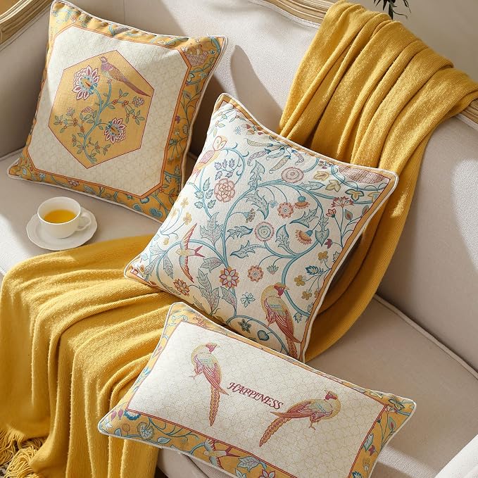 patdrea French Linen Throw Pillow Cover,18"x18",Set of 2-Magnolia A | Vintage Decorative Pillow Case with Zipper,Yellow Floral Pattern,Cushion Coverfor Couch Living Room Bedroom Sofa