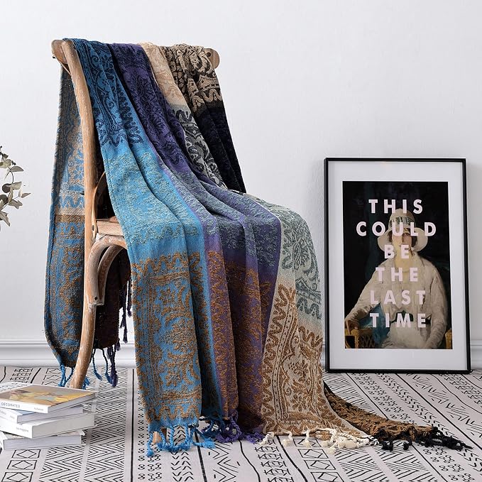 Boho Chair Cover Colorful Chenille Tassels Hippie Throw Blanket for Couch Bed Sofa Recliner Loveseat, Blanket for Bohemian Living Room Decor Purple(60"*75")