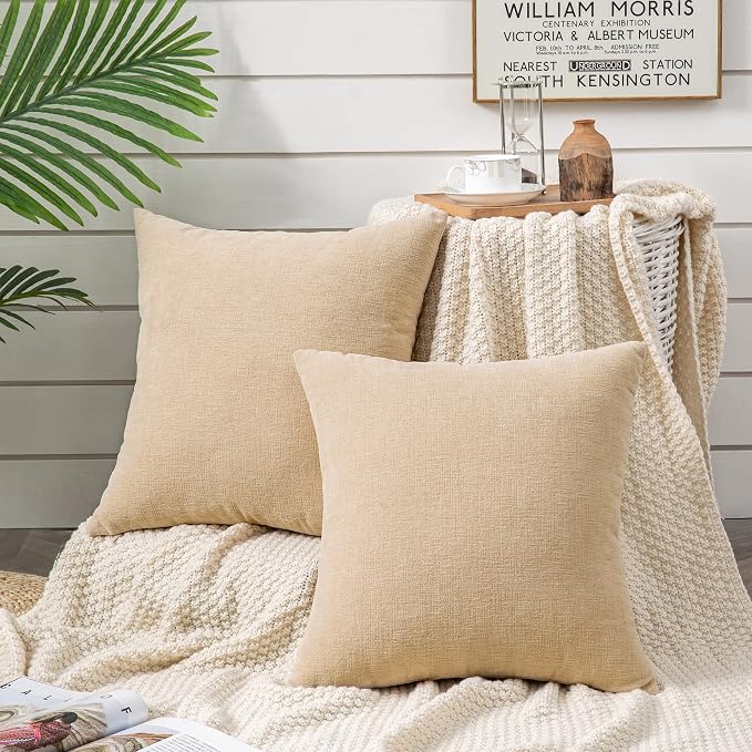 GAWAMAY Decorative Throw Pillow Covers 16x16 Inch Set of 2, Super Soft Chenille Square Pillows Farmhouse Fall Pillowcase for Living Room Bedroom Sofa Couch Cushion Cover Beige 40x40cm (No Insert) | Soft Chenille Farmhouse Style, Hidden Zipper, Neutral ...