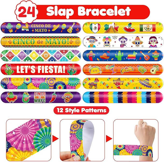 48PCS Cinco de Mayo Party Favor Set - 24PCS Temporary Pre - cut Tattoos & 24PCS Slap Bracelets - Mexican Fiesta Birthday Supplies, Baby Shower Gifts, Classroom Rewards & Party Decor for Kids