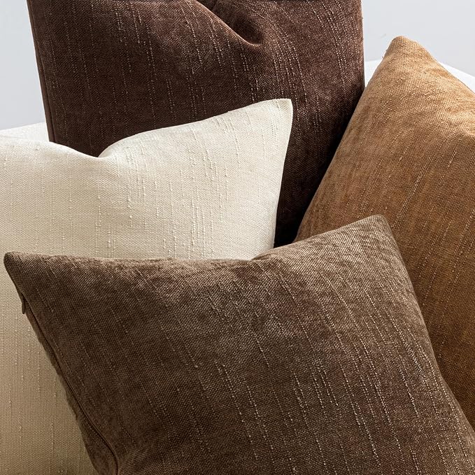 MIULEE Pack of 4 Fall Decorative Throw Pillow Covers Chocolate Brown 18x18 Inch Chenille Textured Throw Pillows Boho Farmhouse Rustic Cushion Covers Vintage Home Decor for Couch Sofa Bed Living Room