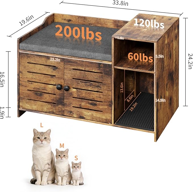 Cat Litter Box Enclosure Furniture, Large Hidden Litter Box Cabinet with Double Door, End Table Cat House with Storage Shelf, Modern Pet Furniture for Living Room, Brown