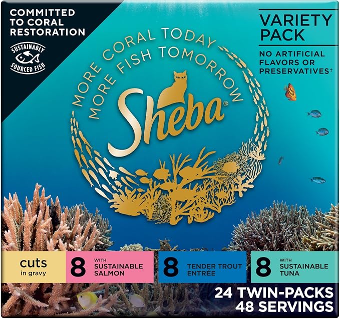 Sheba Perfect Portions Cuts Wet Cat Food, Seafood Pack, 2.6 oz, 24 ct | Sustainable salmon & tuna with tender trout, succulent cuts in gravy, no corn or soy, snap-peel-serve twin pack trays
