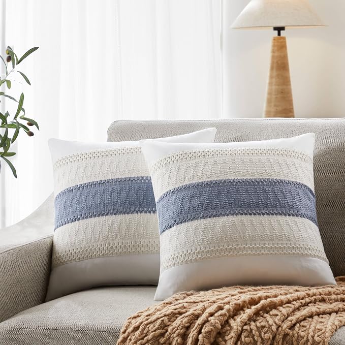 2pk Boho Pillow Covers 18x18, Natural White/Contrast/Blue | 100% Organic Cotton Body, Stripe Embroidery, Farmhouse Decorative Cushion Covers for Sofa Bed Living Room Home Decor