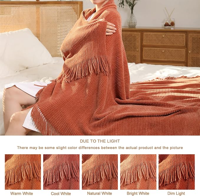 Blagic Chenille Throw Blanket for Couch and Bed,50" x 60",Maple Brown | Soft Farmhouse Boho Throw Blanket with Tassels,Decorative for Living Room,,Stripe Textured Throws for Bed/Chair/Sofa