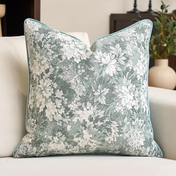 Alerfa Light Blue Neutral Floral Pillow Cover 20 x 20 Inch, Vintage Chenille Square Couch Pillow Cover Soft Decorative Farmhouse Accent Pillowcase for Living Room Bedroom