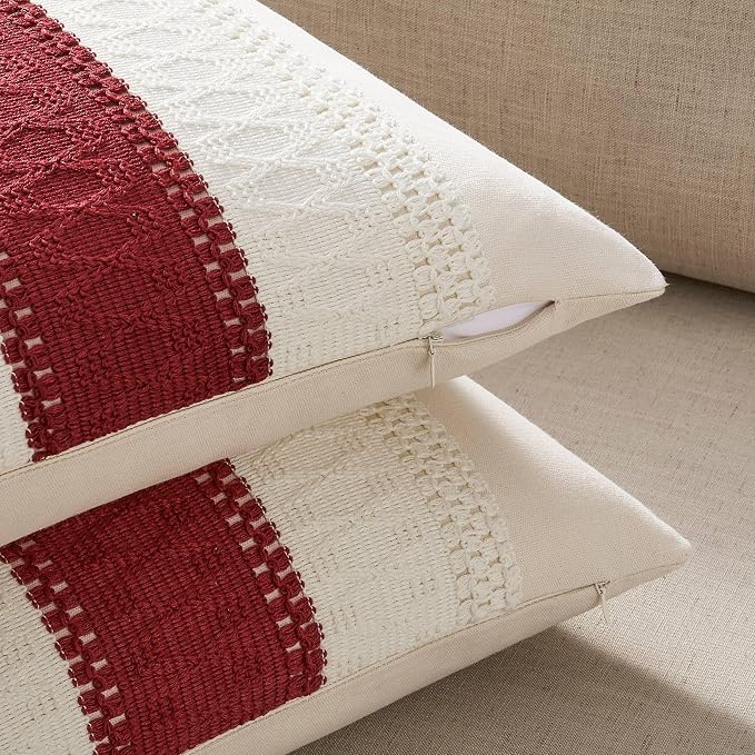 2 Pack Boho Throw Pillow Covers, Contrast Red 16x16in | Soft Breathable Cotton, Farmhouse Decorative Couch Pillow Cases, Cushion Covers for Sofa Bed Living Room Home Decor