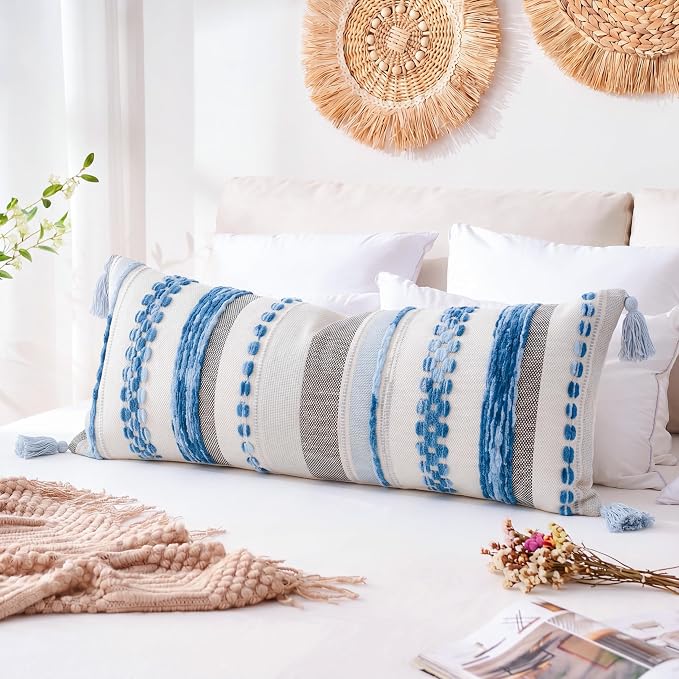 PANOD Boho Long Lumbar Throw Pillow Cover 16 x 36 Blue, Chenille Morocan Extra Long Pillow Case Cover, Decorative Long Pillow for Bed Couch Sofa Farmhouse