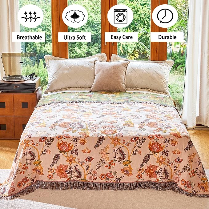 VANJOROY Boho Throw Blanket 80" x 90", 100% Organic Cotton Breathable Skin-Friendly Ultra Soft Bed Quilt Throw - Floral Rustic Decor Luxury Reversible Blanket for Sofa Couch Chair and Gift,