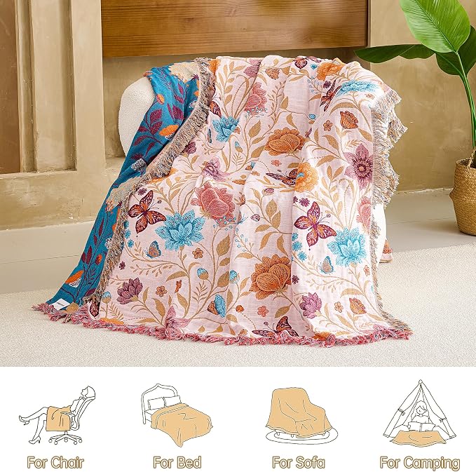 VANJOROY Boho Throw Blanket, 100% Organic Cotton Breathable Ultra Soft 80" x 90" Bed Quilt Throw - All Season Floral Rustic Farmhouse Decor Luxury Reversible Blanket for Sofa Couch Chair and Gift