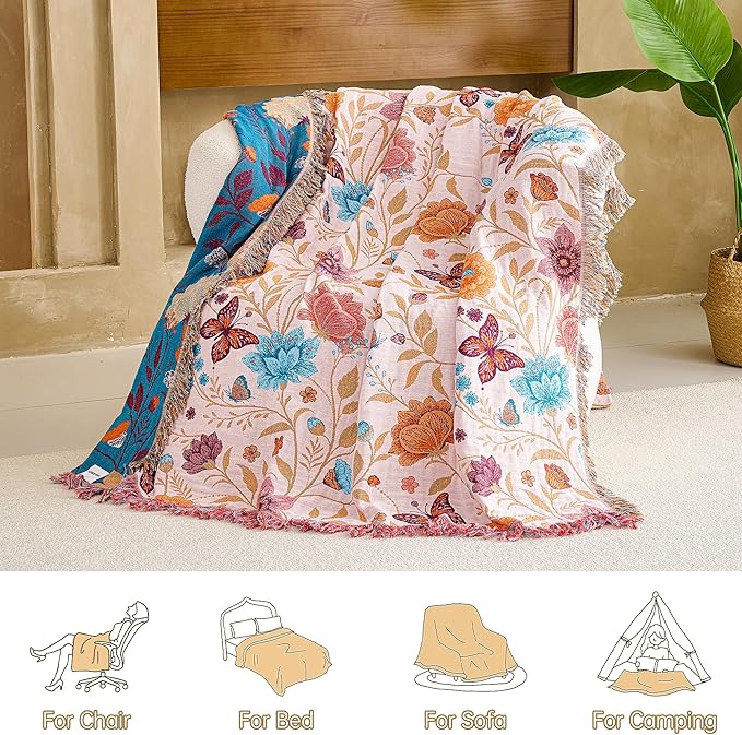 VANJOROY Boho Throw Blanket, 100% Organic Cotton Breathable Ultra Soft 60" x 80" Bed Quilt Throw - All Season Floral Rustic Farmhouse Decor Luxury Reversible Blanket for Sofa Couch Chair and Gift