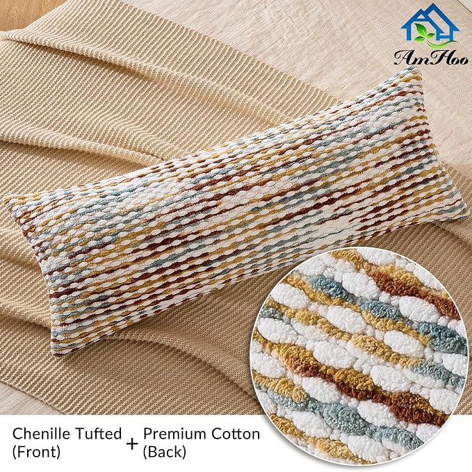 Boho Chenille Pillow Cover Decorative Tufted Pillowcase for Couch Bed Sofa Bedroom Living Room Modern 14 x 36-Inch Brown