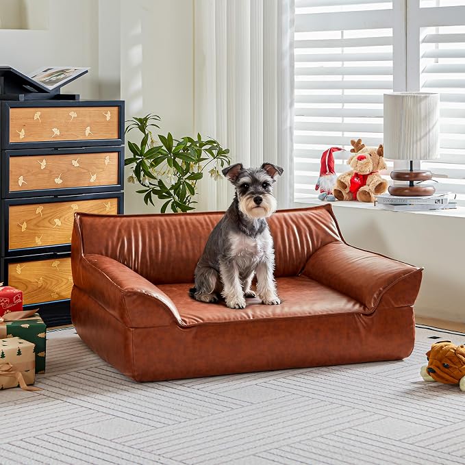 Large Leather Dog Sofa Pet Bed Couch for Large and Medium Dogs Under 70 lbs | Brown Luxurious Vintage Elevated Dog Sofa, Chaise Indoor Furniture Style Pet Supplies Low Maintenance