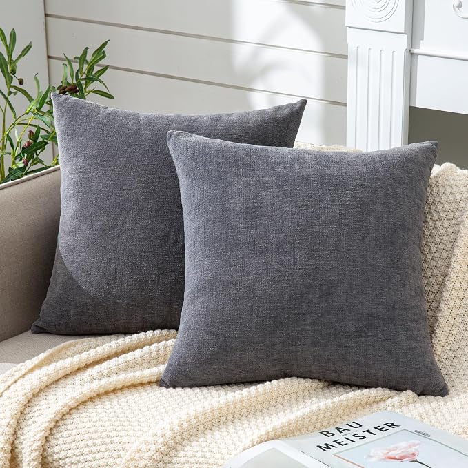 GAWAMAY Decorative Chenille Throw Pillow Covers 24x24 Inch Pack of 2, Soft Square Couch Pillow Cover for Sofa Cushion Living Room Bedroom Solid Dyed Pillowcases Grey 60x60cm (ONLY Covers)