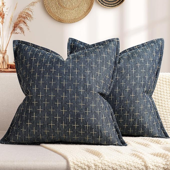 Pillow Covers 16x16 Set of 2 Soft Polyester Textured Pillow Covers with Stylish Flange Edge Cozy Farmhouse Throw Pillows for Couch Bed Sofa Living Room