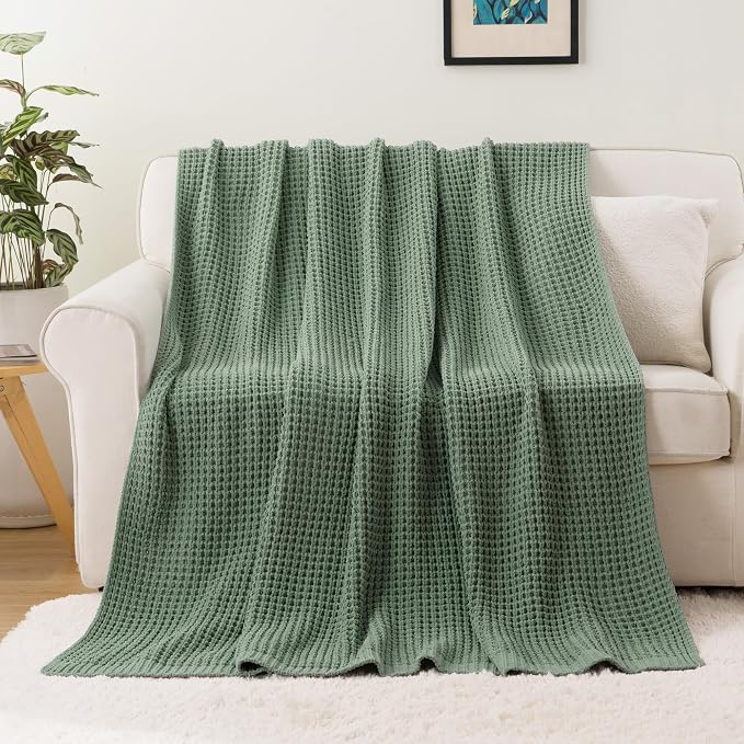 Sage Green Waffle Knit Throw Blanket for Couch, Chenille Blanket 50x60 in | Chunky Knitted Blanket, Soft Green Throw Blanket for Home Decor, Sofa, Spring, Modern Farmhouse Blanket Throw