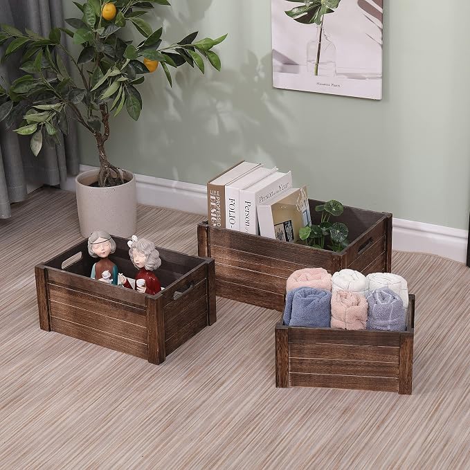 Farmhouse Antique Black Wooden Crate for storage,Rustic Decorative Boxes,Set Of 3 Nesting Wooden Storage Crates For display,Handmade Natural Solid Wood Box (Rustic Black)