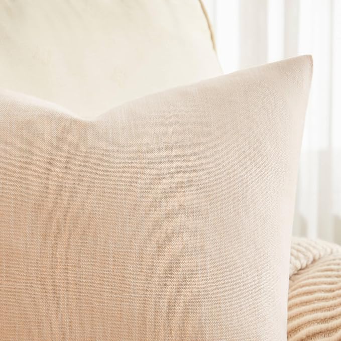 Rustic Linen Throw Pillow Covers Set of 2, Cream 18x18in | Textured Pillow Case, Rustic Cotton Linen Fabric, Modern Farmhouse Cushion Covers for Sofa Bed Living Room Home Decor