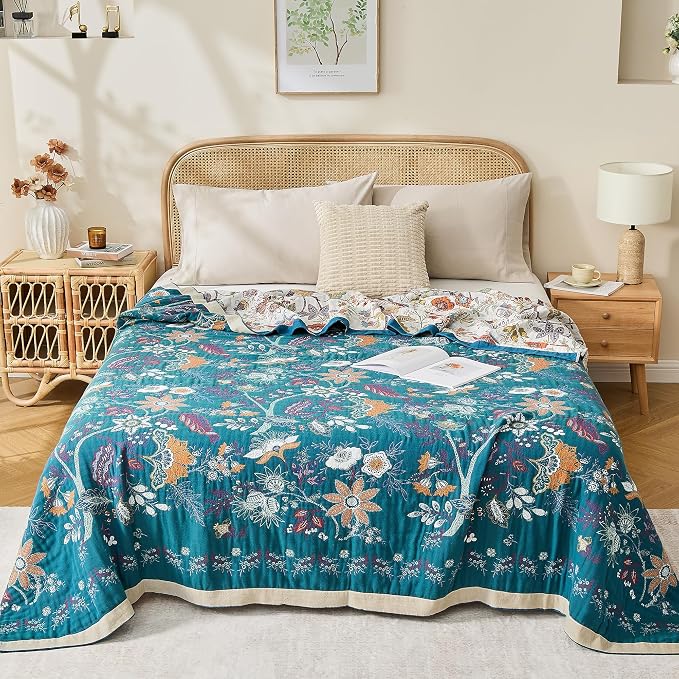 VANJOROY Boho Throw Blanket, 100% Organic Cotton Breathable Skin-Friendly Ultra Soft Bed Quilt Throw - All Season Floral Farmhouse Décor Luxury Blanket for Sofa Couch Chair and Gift. 50" x 60"