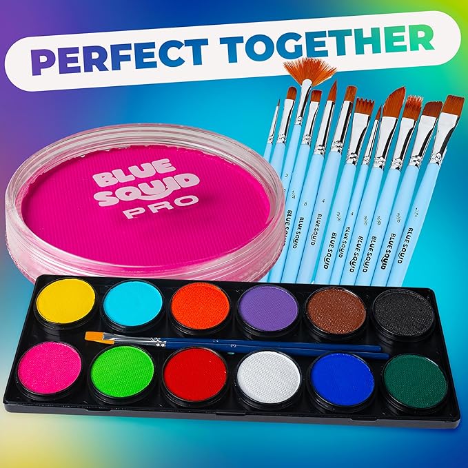 Blue Squid Face Paint Water Based Single Cake Professional Face Paint & Body Paint - Water Activated, Kids Adults Face Painting for Costume, Halloween Makeup, Cosplay - Neon Pink Face Paint 30g