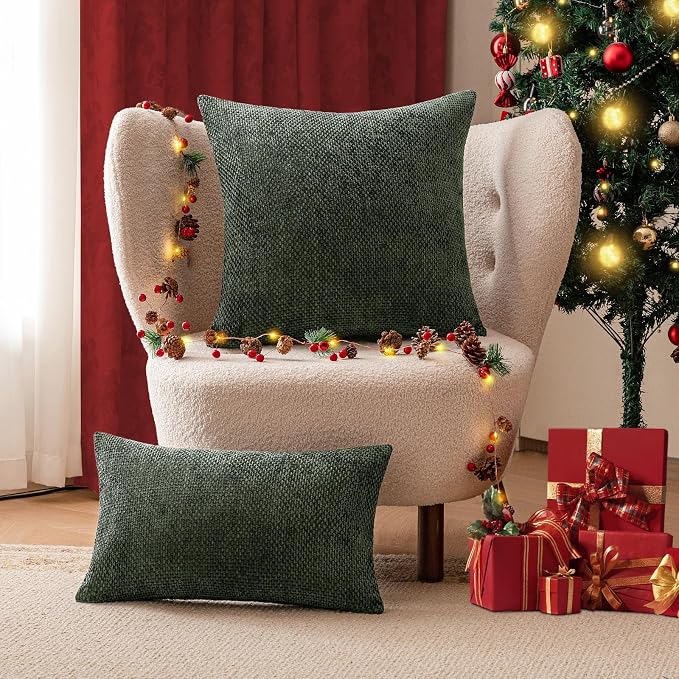 a moment Christmas Dark Green Chenille Throw Pillow Covers 16x16 Inch Pack of 2 Modern Decorative Throw Pillow Covers Farmhouse Cross Covers Home Decor for Sofa Bedroom Living Room