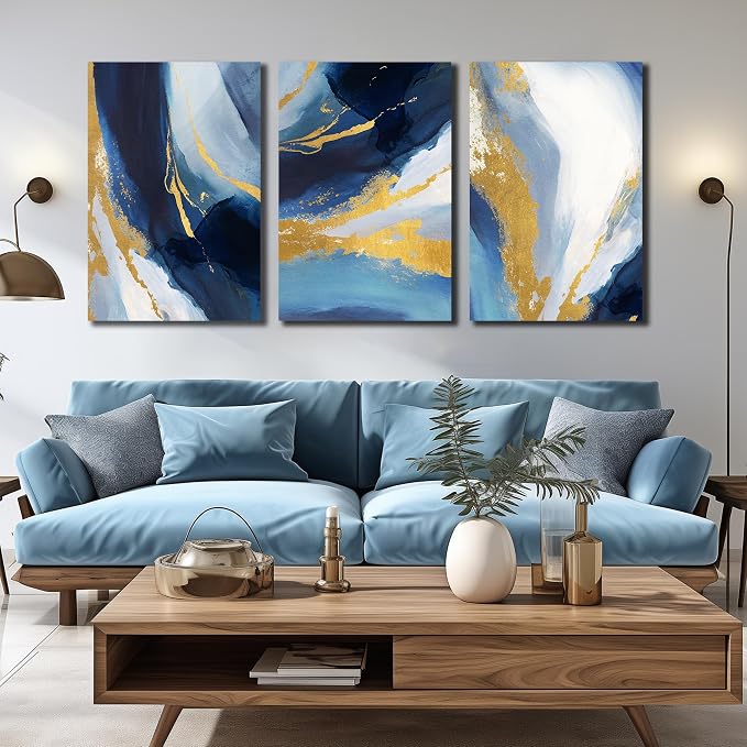 DNIEOTU Abstract Wall Art for Living Room, Blue and Gold Canvas Picture Prints Wall-Decor for Bedroom, Size 24 x 36 Inches 3-Pieces