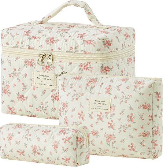 HBselect Quilted Makeup Bag, 3PCS Cotton Large Travel Makeup Bag, Cute Floral Coquette Make up Bag Cosmetic Bag Toiletry Bag for Women Girls