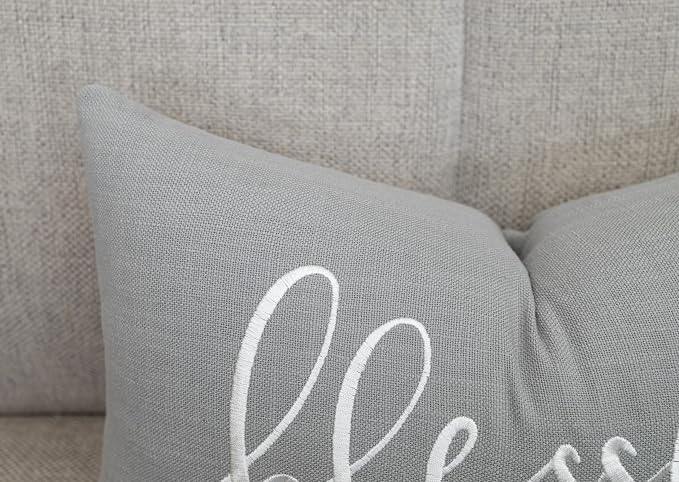 EURASIA DECOR Blessed Embroidered Lumbar Pillow Cover 12x20, Light Grey | Raised ivory script on light grey; scripture faith gift, cotton, hidden zip, solid back, cover only
