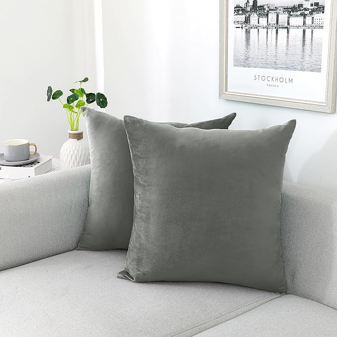 NiNi ALL Grey Velvet Throw Pillow Covers 22x22 Pack of 2 Decorative Couch | Soft Solid Boho Cushion Squar Pillow Cases for Chair Sofa Bedroom Farmhouse Living room Modern Luxury Home Decor Christmas