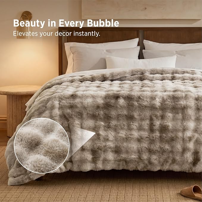 Bedsure GentleSoft Bubble Faux Fur Blankets Queen Size, Fluffy Fuzzy Queen Blanket for Bed, Soft Cozy Faux Fur Bedding for Winter, Thick Warm Plush Bed Cover, Tie-dye Taupe, 90x90