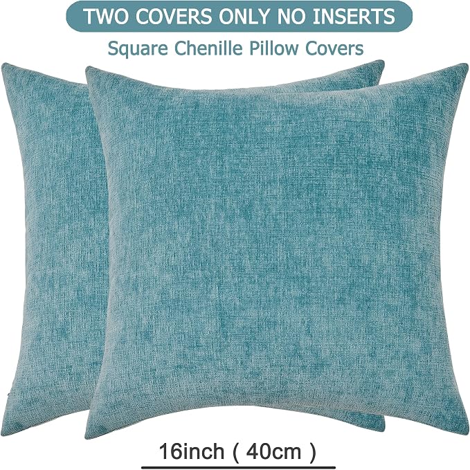 GAWAMAY Decorative Throw Pillow Covers 16x16 Inch Set of 2, Super Soft Chenille Square Pillows Farmhouse Fall Pillowcase for Living Room Bedroom Sofa Couch Cushion Cover Smoke Blue 40x40cm