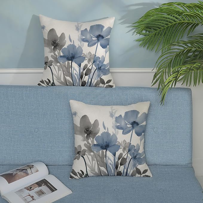 Spring Floral Pillow Covers 18x18 Inches Set of 2 Gray Blue Floral Throw Pillow Covers Outdoor Rustic Summer Flower Decoration Pillowcase Farmhouse Decorative Cushion Cover For Home Sofa Couch