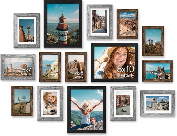 Vittanly 15 Pack Gallery Wall Frame Set, Black, Brown, Grey | Picture Frames Collage Wall Decor: 3pcs 8x10, 6pcs 5x7, 6pcs 4x6. Picture Frame Set for Wall or Tabletop Display