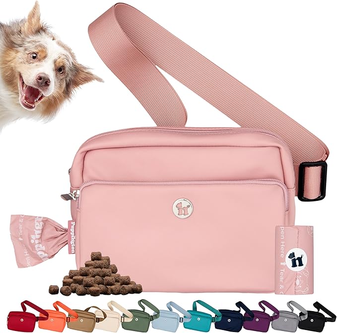Puppington 3-in-1 Crossbody Dog Walking Bag & Treat Pouch with Matching Planet Safe Poop Bags & Built-In Dispenser - Zippered Pockets (Blush Pink)