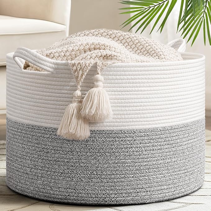 Goodpick Woven Blanket Basket Living Room, Toy Bin for Playroom, 65L | 19.7 x 19.7 x 12.6 In Toy Storage Basket for Nursery, Blanket Basket for Living room, Laundry Basket, Light & Grey