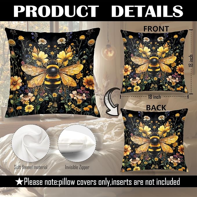 William Morris Inspired Wildflower Bumblebee Pillow Covers 18x18 Set of 2, Bee Lover Gifts, Dark Cottagecore Botanical Summer Honey Bee Decorative Throw Pillow Covers for Home Living Room