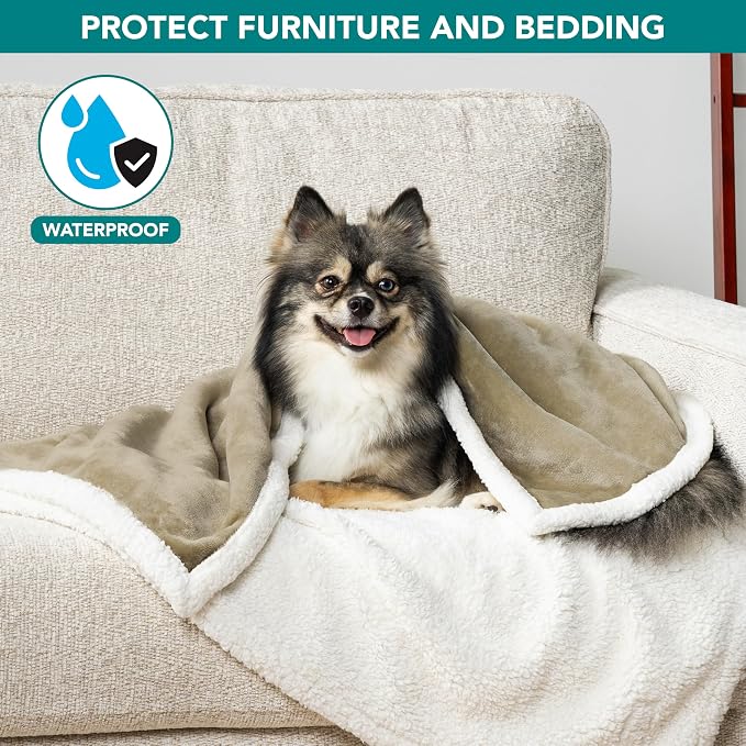 PetAmi Waterproof Dog Blanket for Small Dog Puppy Cat, 29x40, Taupe | 460 GSM Sherpa Fleece Reversible, Pee Proof Pet Blanket, Furniture Protector Cover for Couch Sofa Kennel, Washable
