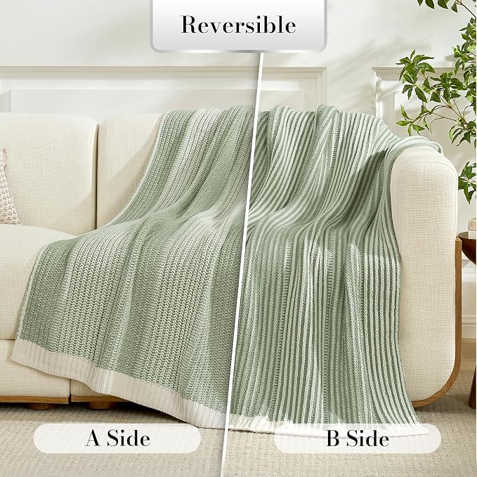 Premium Chenille Throw Blanket, Soft Cozy Luxury Two-Tone Knit Blanket for Couch, Sofa, Chair, Home Decor, Sage Green & Ivory 50"x60"