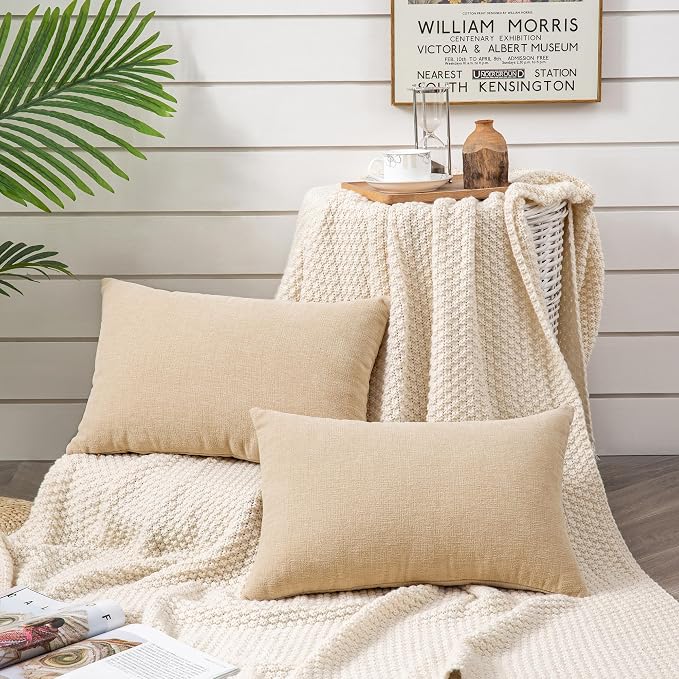 GAWAMAY Decorative Couch Throw Pillow Covers 12x20 Inch Set of 2 Beige | Soft Chenille Farmhouse Style, Hidden Zipper, Neutral Cushion Pillowcases for Sofa Living Room Bed, Only Covers