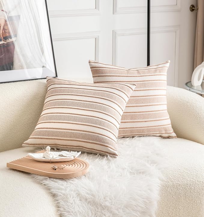 Cethom Decorative Boho Throw Pillow Covers, Farmhouse Textured Pillow Case, 18 x 18 Inch Set of 2, Chair Sofa Bedroom Living Room Home Decor Couch Cushion Case, Brown and Beige Striped