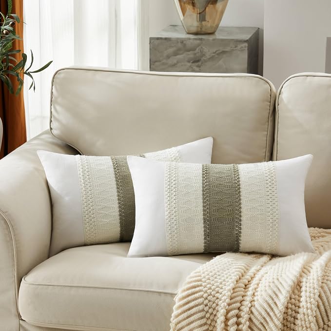 2pk Boho Pillow Covers 12x20, Natural White/Contrast/Dark Sage | 100% Organic Cotton Body, Stripe Embroidery, Farmhouse Decorative Cushion Covers for Sofa Bed Living Room Home Decor